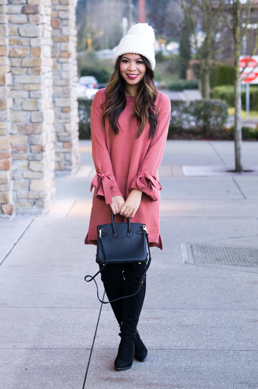 How to wear over the knee boots with dress, pom pom beanie, winter fashion, petite fashion blog