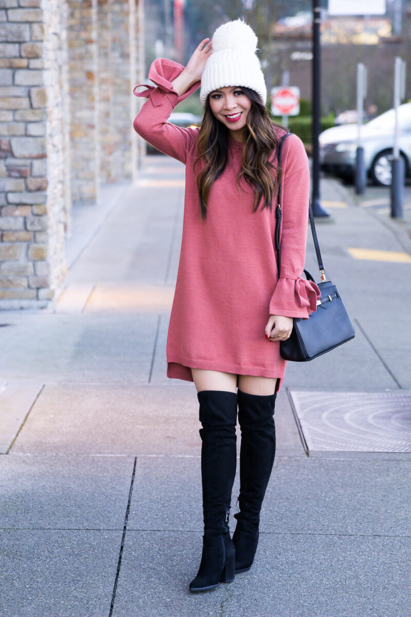 How to wear over the knee boots with dress, pom pom beanie, winter fashion, petite fashion blog