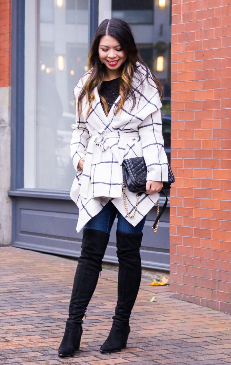 How to wear over the knee boots with jeans, wrapped coat, checked coat, winter fashion, petite fashion blog