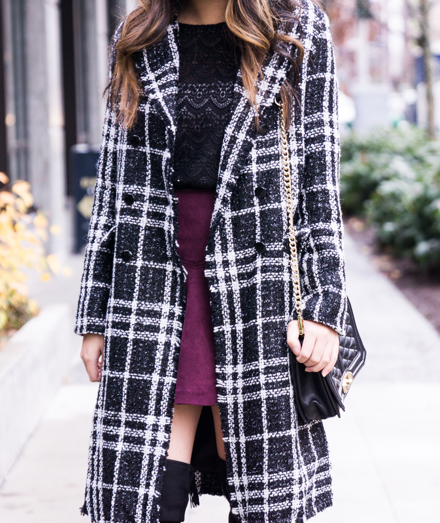 How to wear over the knee boots with skirt, burgundy mini skirt, plaid coat, winter fashion, petite fashion blog
