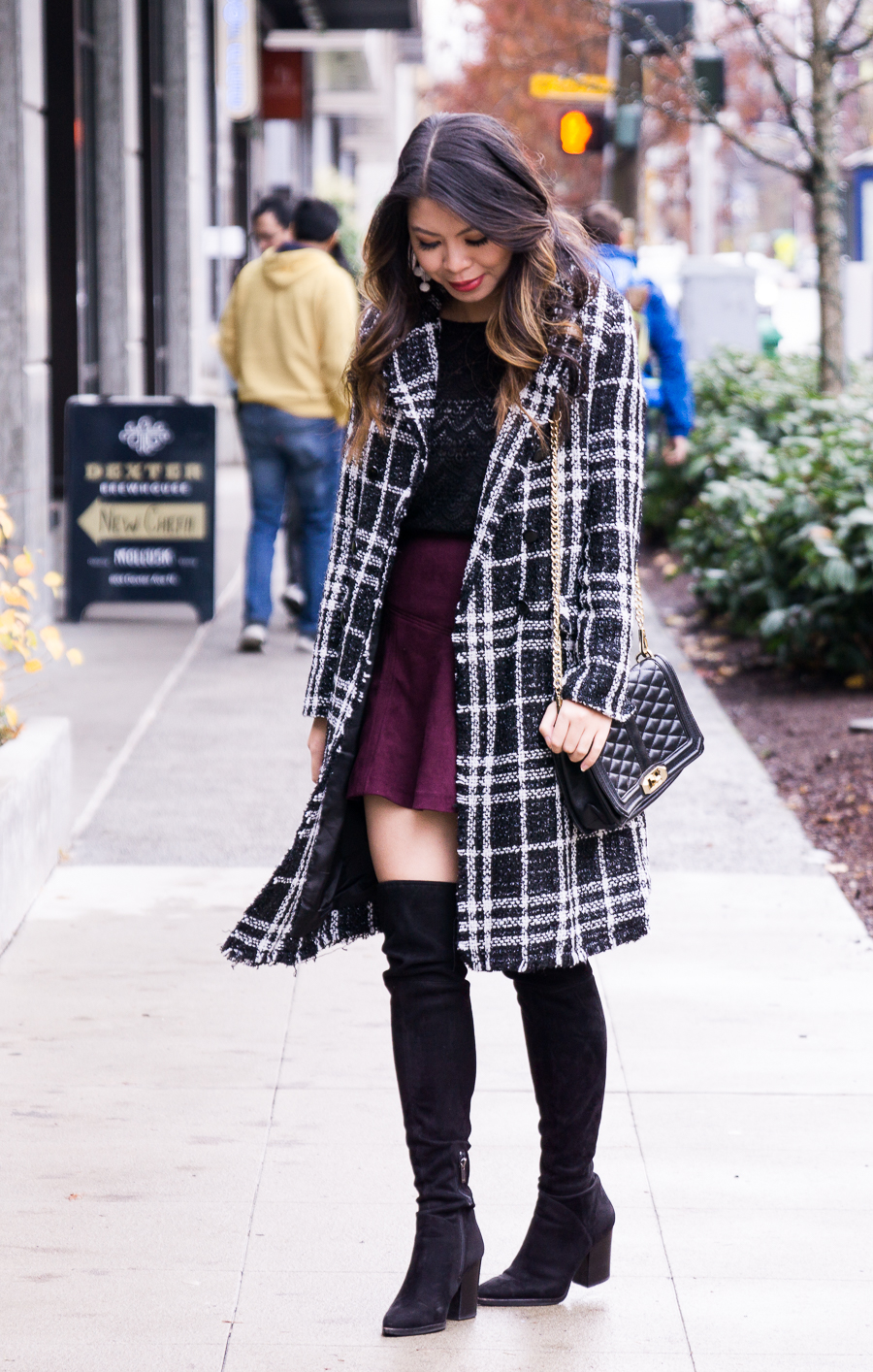 How to wear over the knee boots with skirt, burgundy mini skirt, plaid coat, winter fashion, petite fashion blog