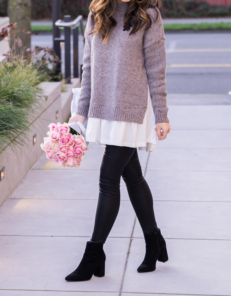 Layered look sweater, faux leather leggings, winter outfit, Seattle fashion blogger