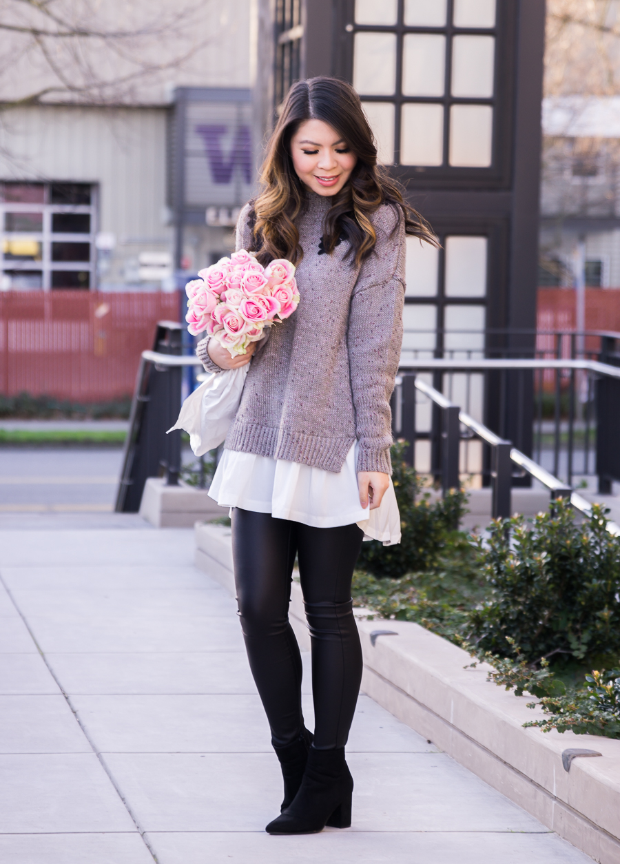 Layered look sweater, faux leather leggings, winter outfit, Seattle fashion blogger