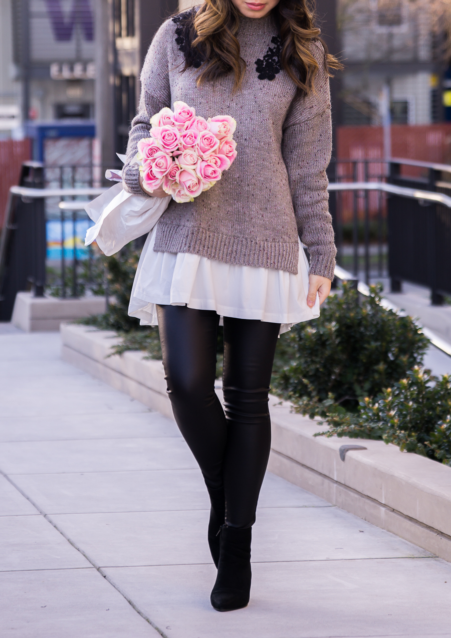 Layered look sweater, faux leather leggings, winter outfit, Seattle fashion  blogger