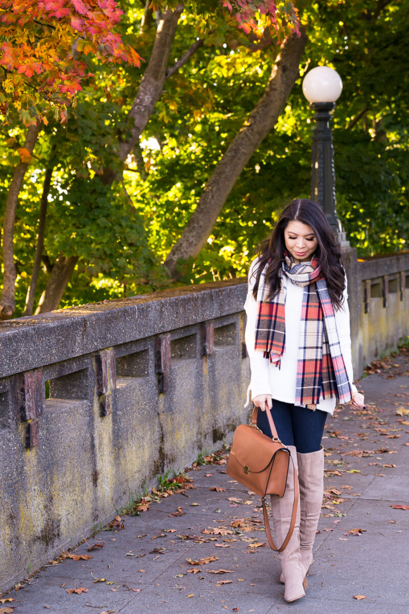 Plaid scarf outfit, beige over the knee boots, white sweater, fall fashion, Seattle fashion blogger