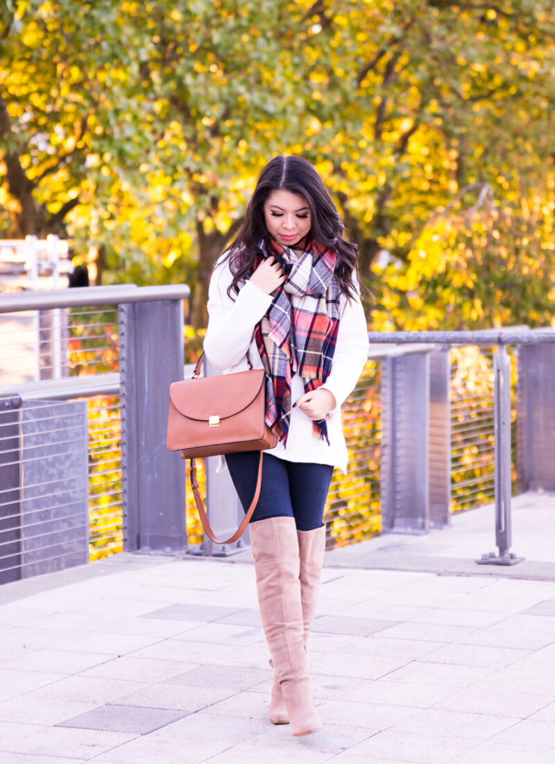 Plaid scarf outfit, beige over the knee boots, white sweater, fall fashion, Seattle fashion blogger
