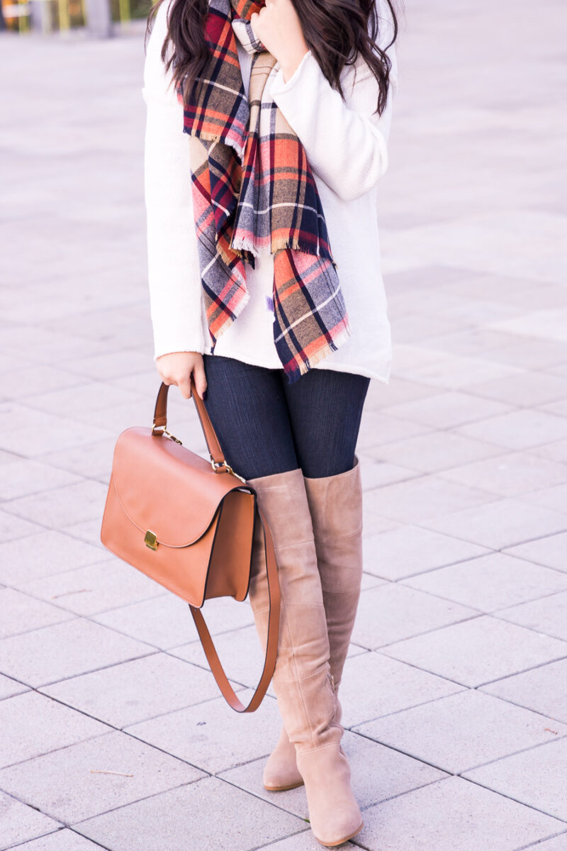 Plaid scarf outfit, beige over the knee boots, white sweater, fall fashion, Seattle fashion blogger