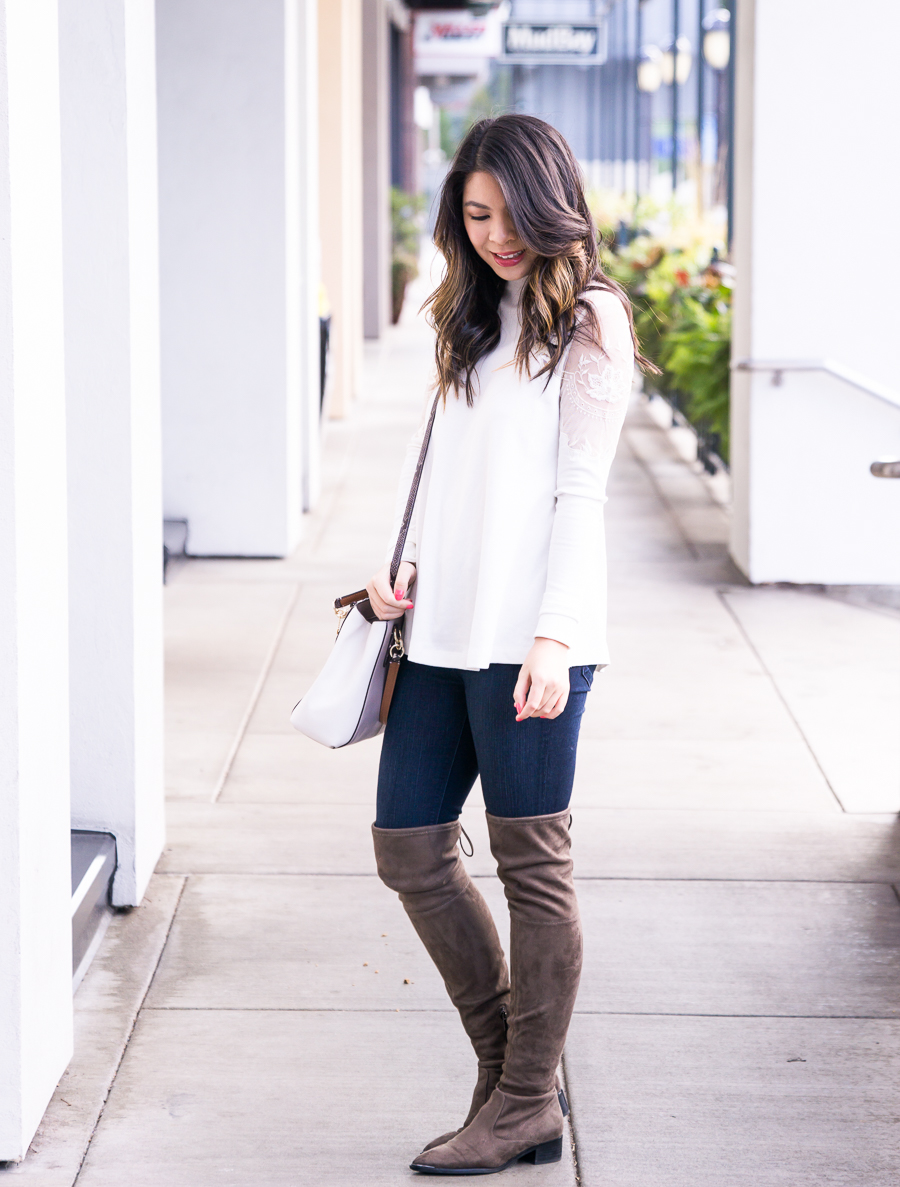 Casual outfit, Marc Fisher over the knee boots, Free People lace top Daniella top, Seattle fashion blogger Just A Tina Bit, white top