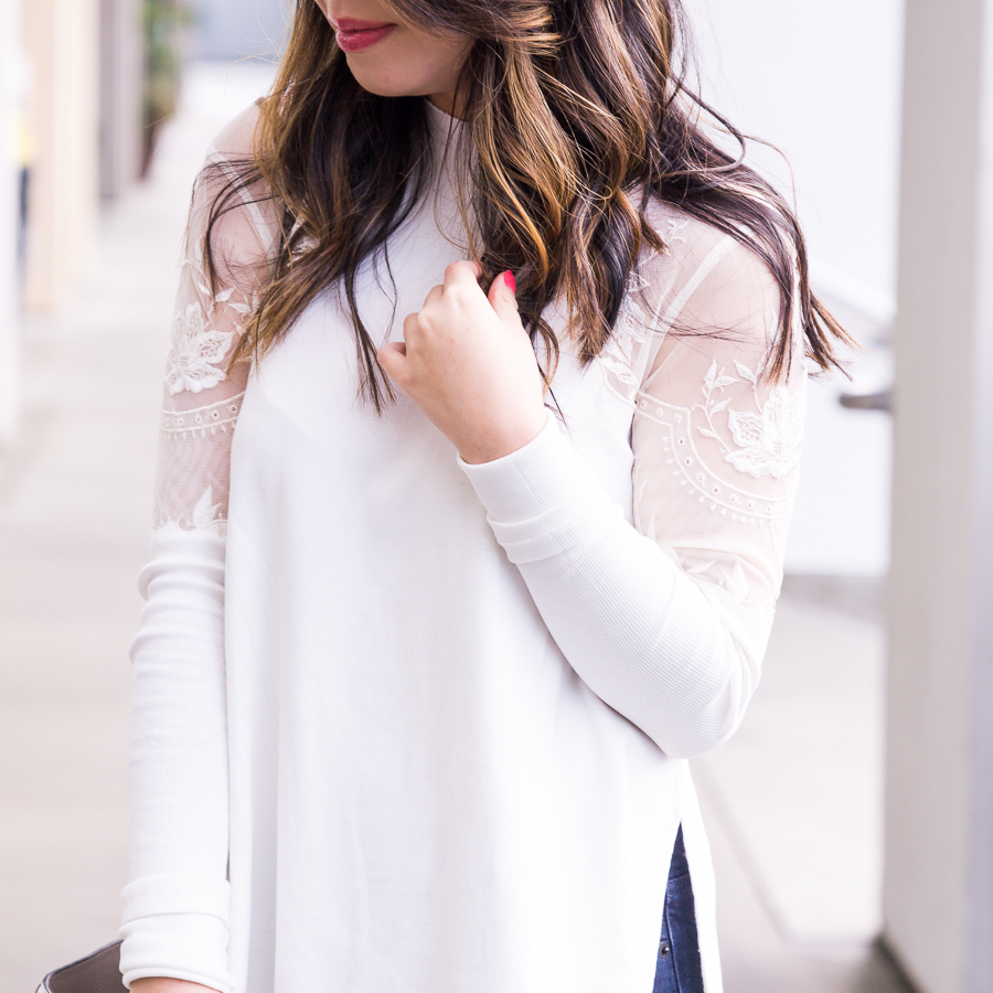 Casual outfit, Free People lace top Daniella top, Seattle fashion blogger Just A Tina Bit, white top
