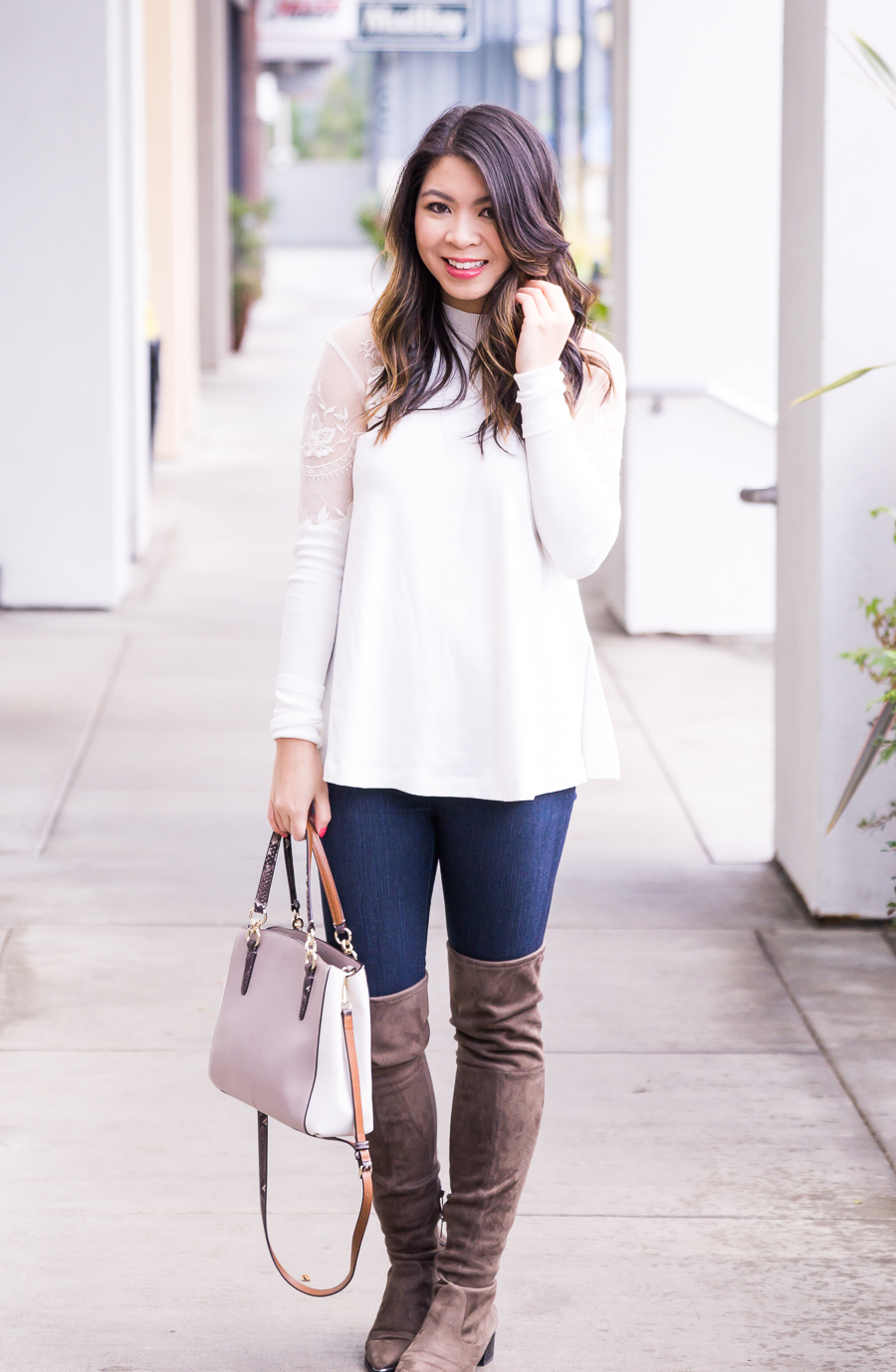 Casual outfit, Marc Fisher over the knee boots, Free People lace top Daniella top, Seattle fashion blogger Just A Tina Bit, white top
