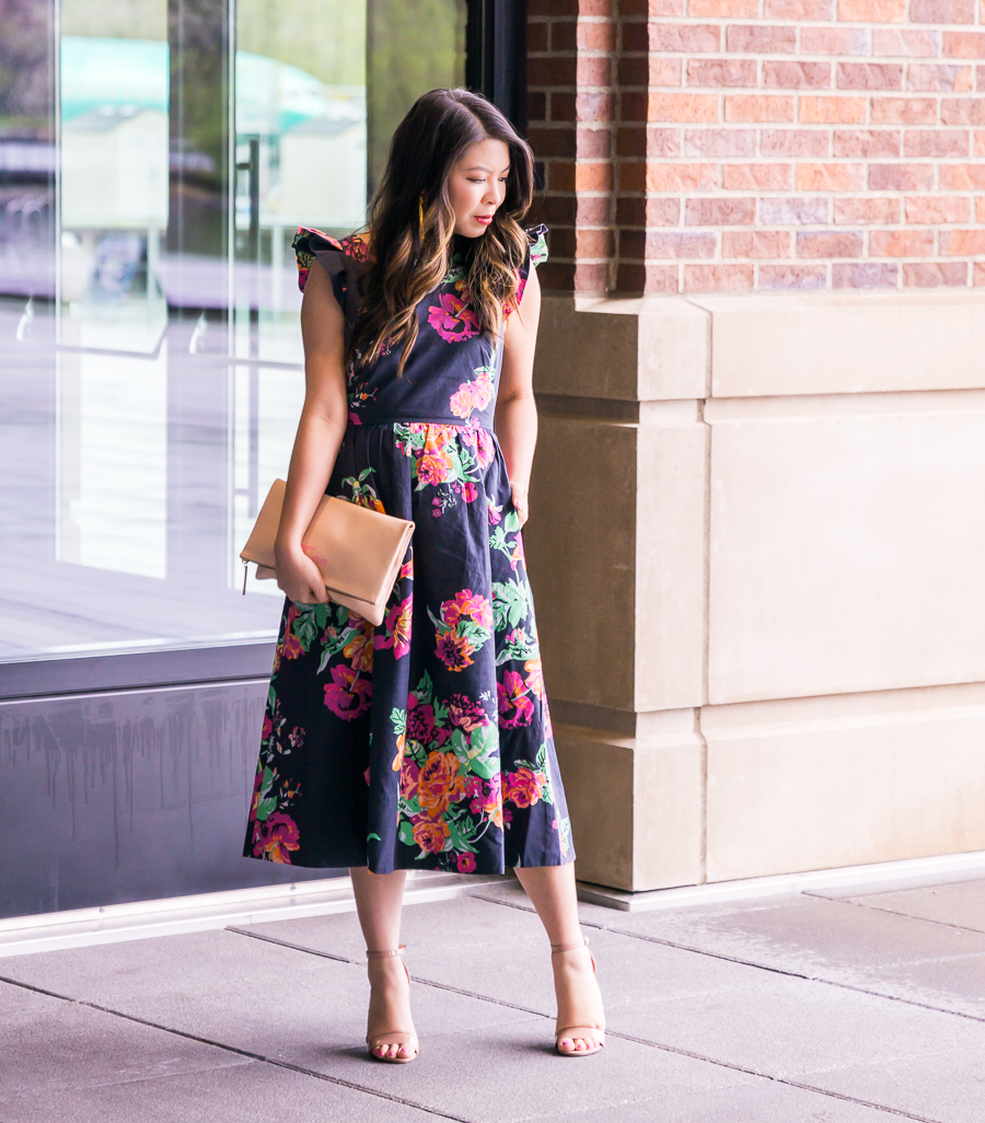 Dark floral dress, midi dresses, spring outfit, floral print, petite dress, Seattle fashion blogger Just A Tina Bit, wedding guest outfit