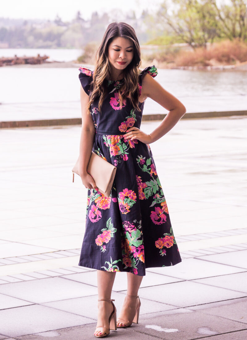 Dark floral dress, midi dresses, spring outfit, floral print, petite dress, Seattle fashion blogger Just A Tina Bit, wedding guest outfit