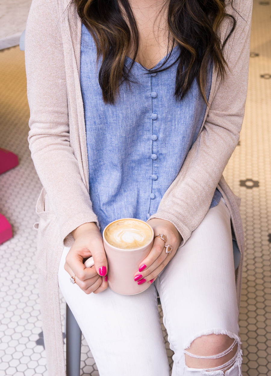 JTV jewelry rings, long cardigan outfit, spring fashion, BP button front camisole, Seattle coffee, Seattle fashion blogger Just A Tina Bit