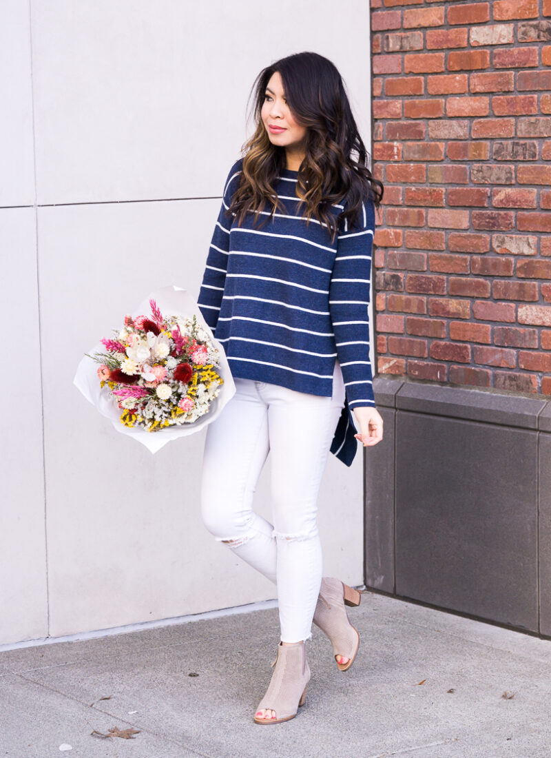 4 ways to wear white jeans, striped top, asymmetrical sweater, spring style, Seattle fashion blogger Just A Tina Bit
