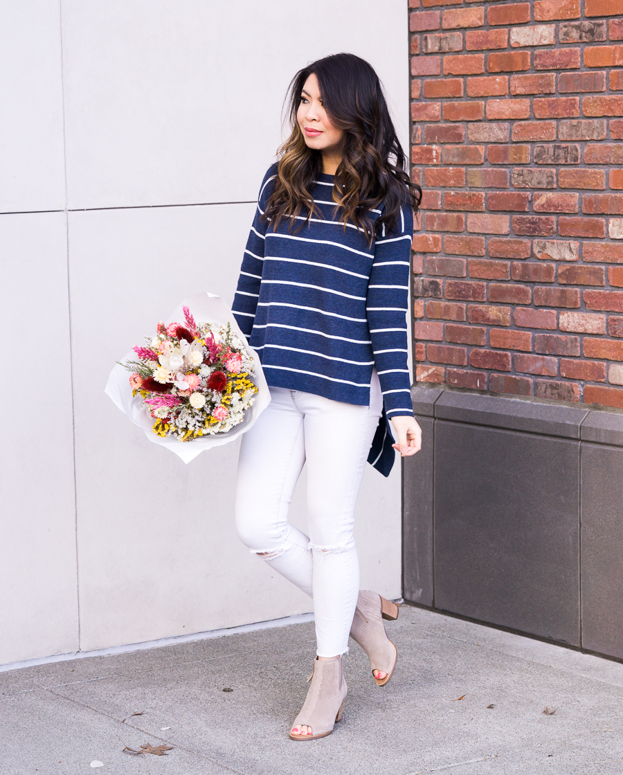 5 ways to wear white jeans, striped top, asymmetrical sweater, spring style, Seattle fashion blogger Just A Tina Bit