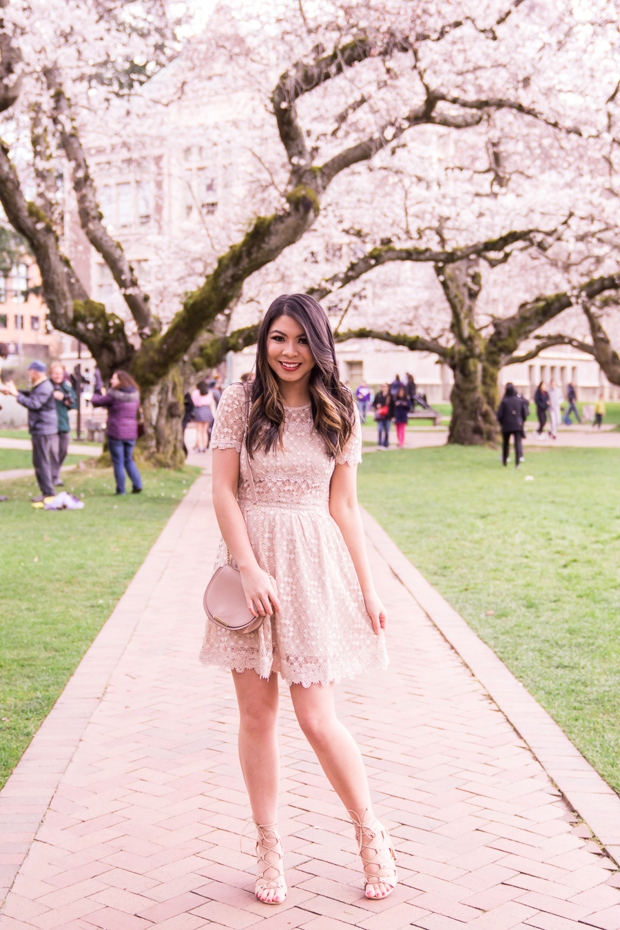 Tips on how to see UW cherry blossoms at University of Washington in Seattle, WA from Seattle fashion blogger Just A Tina Bit. She's wearing a lace dress