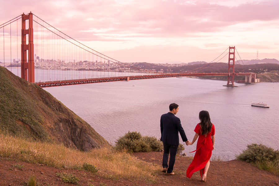 How he proposed, San Francisco engagement at The Golden Gate Bridge Spencer Battery Park sunset, romantic proposal, red maxi dress, Seattle fashion blogger