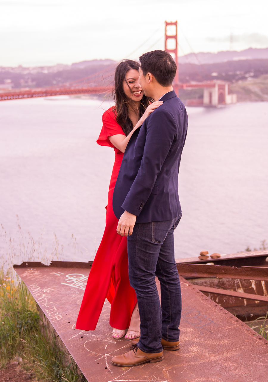 How he proposed, San Francisco engagement at The Golden Gate Bridge Spencer Battery Park, romantic proposal, red maxi dress, Seattle fashion blogger