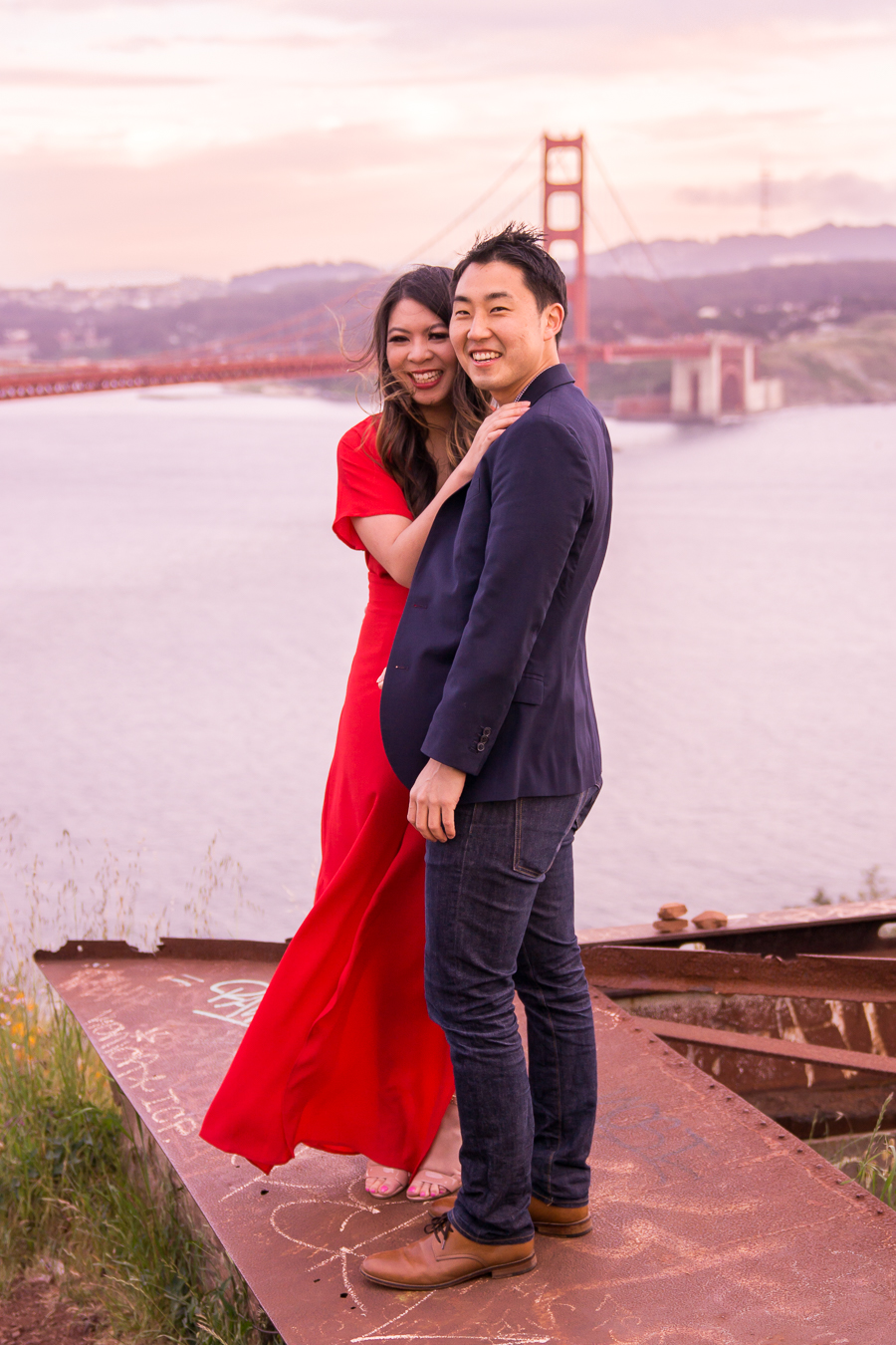 How he proposed, San Francisco engagement at The Golden Gate Bridge Spencer Battery Park, romantic proposal, red maxi dress, Seattle fashion blogger