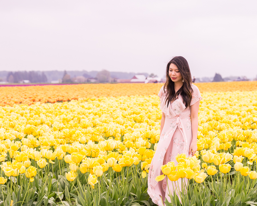 Skagit Valley tulip fields, floral maxi dress, summer fashion, Seattle fashion blogger, yellow tulips