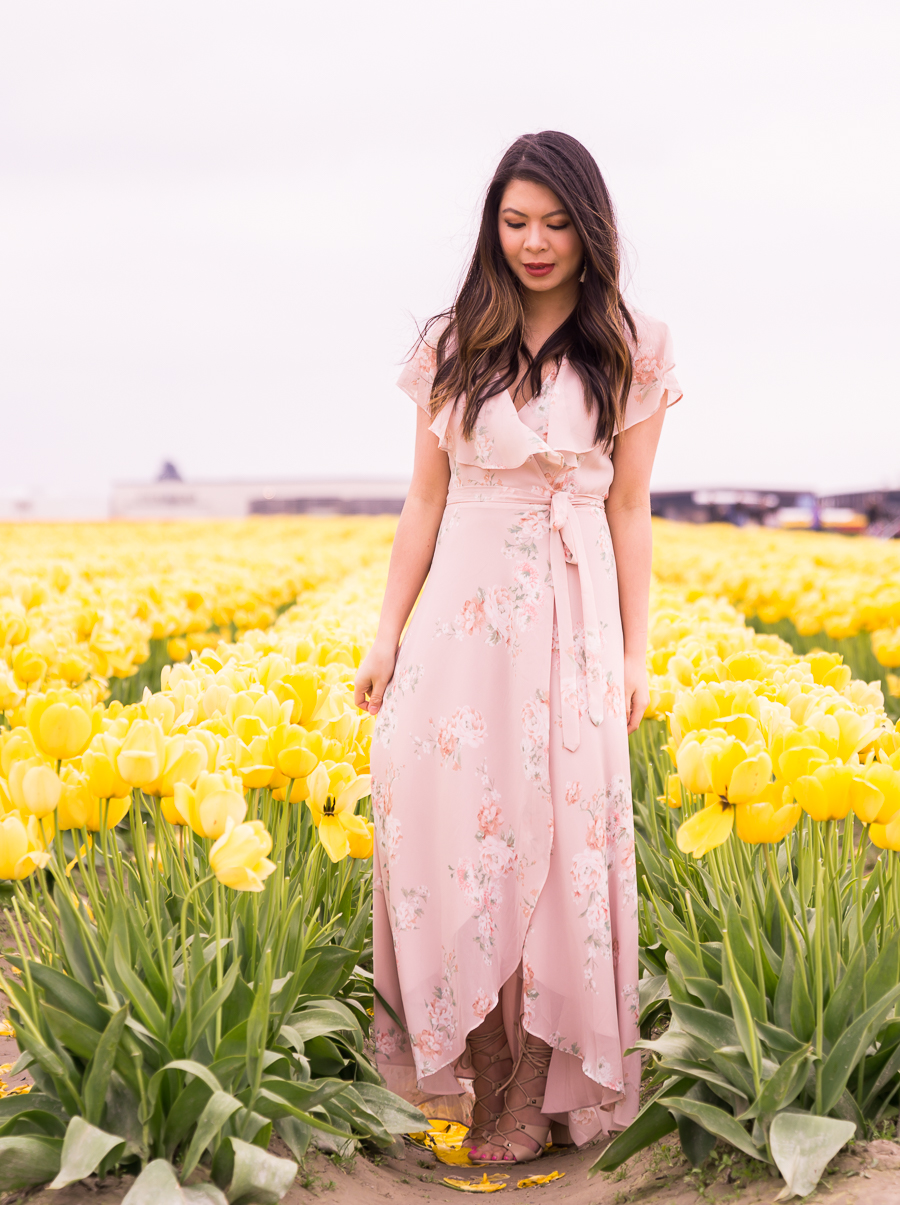 Skagit Valley tulip fields, floral maxi dress, summer fashion, Seattle fashion blogger, yellow tulips