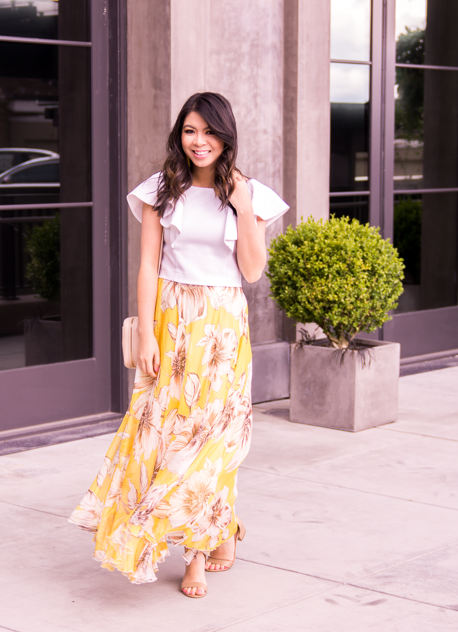 Yellow floral maxi skirt, ruffled crop top, summer fashion, Kroger Beauty, Seattle fashion blogger