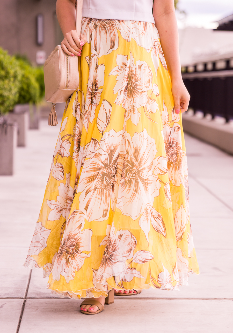 Yellow flora maxi skirt, ruffled crop top, summer fashion, Kroger Beauty, Seattle fashion blogger