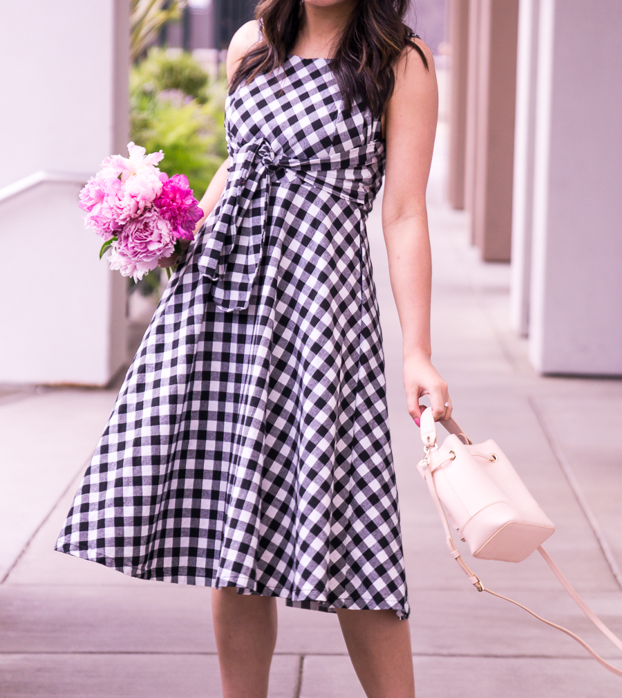Black and white gingham dress, summer fashion, petite style, Seattle fashion blogger Just A Tina Bit