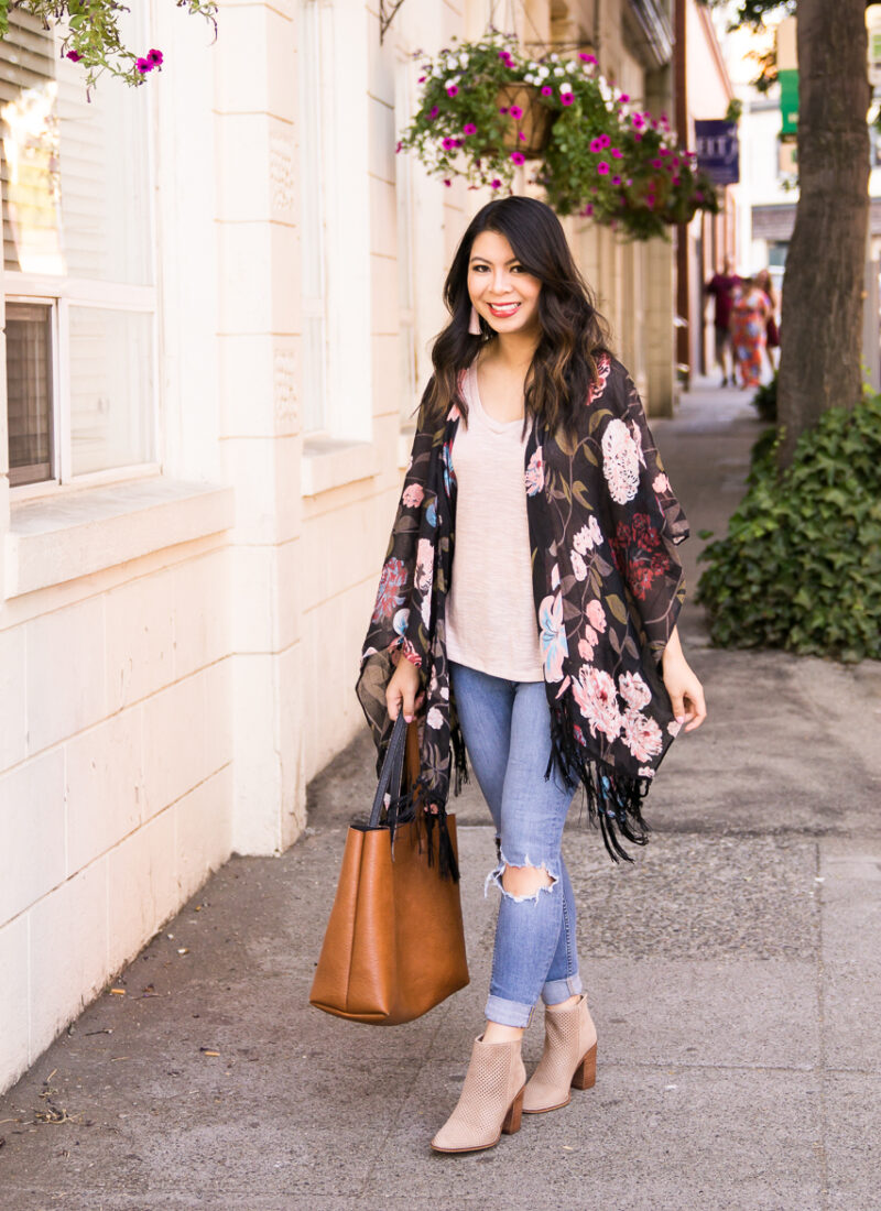 Dark floral kimono outfit with ripped jeans and booties, fall fashion, Kohl's junior department back to school fashion, Seattle fashion blogger