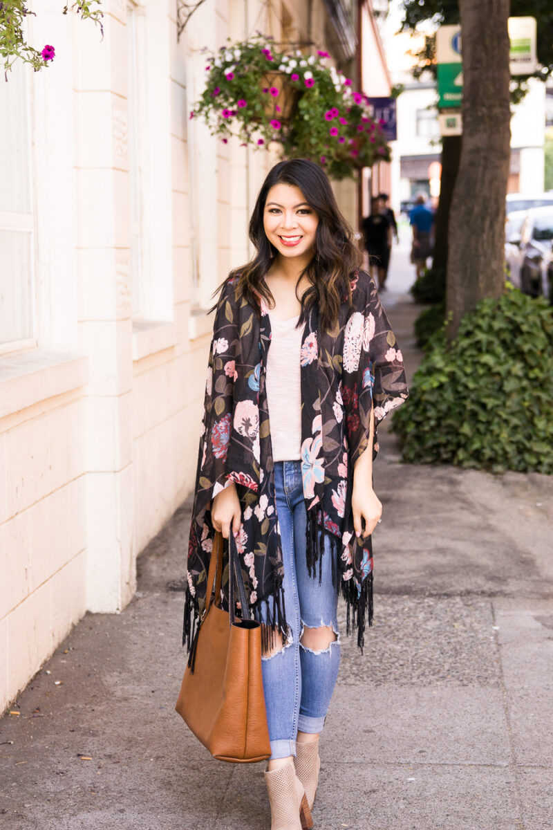 Dark floral kimono outfit with ripped jeans and booties, fall fashion, Kohl's junior department back to school fashion, Seattle fashion blogger