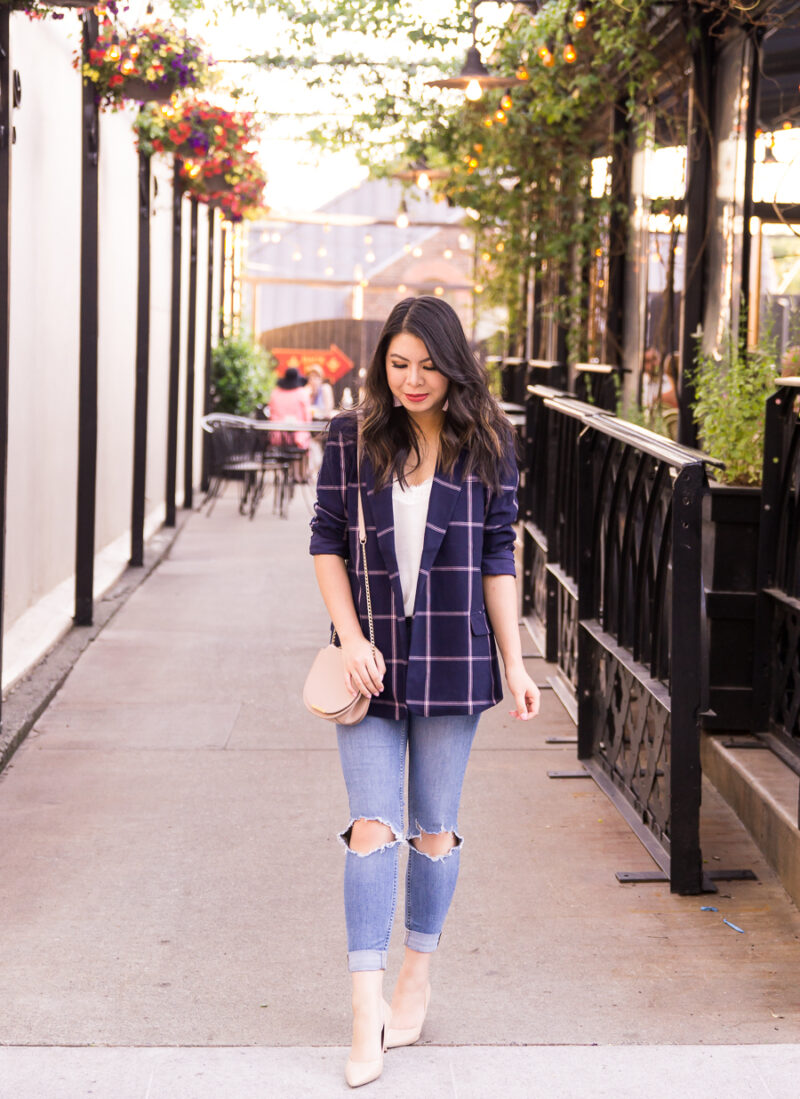 Lace cami with Leith woven relaxed fit blazer, womens plaid blazer, ripped jeans, nude pumps, fall fashion, Seattle petite fashion blogger Just A Tina Bit