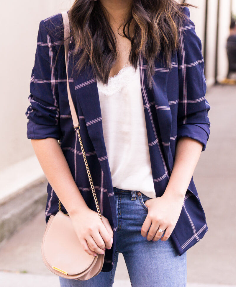 Lace cami with Leith woven relaxed fit blazer, womens plaid blazer, ripped jeans, nude pumps, fall fashion, Seattle petite fashion blogger Just A Tina Bit