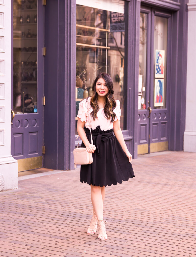Scallop skirt, scallop top, honest Shein review, feminine style, Seattle fashion blogger Just A Tina Bit in Pioneer Square