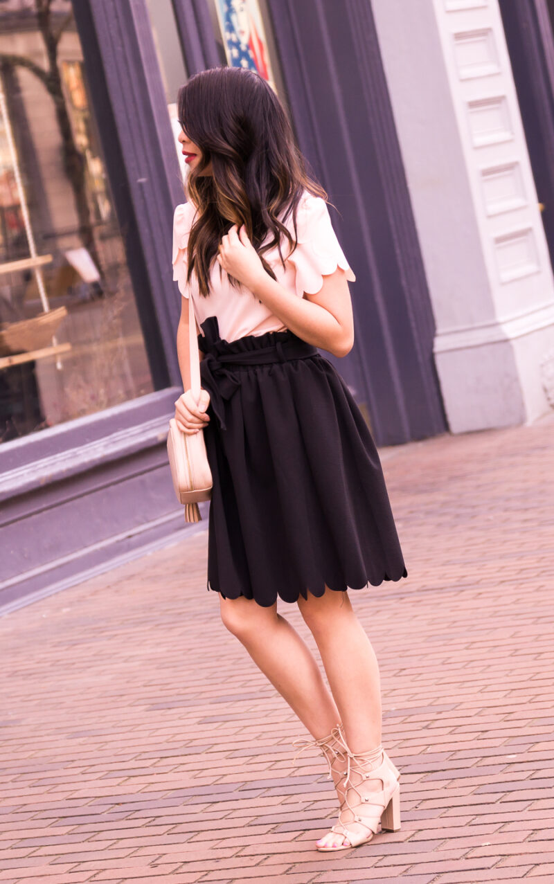 Scallop skirt, scallop top, honest Shein review, feminine style, Seattle fashion blogger Just A Tina Bit in Pioneer Square
