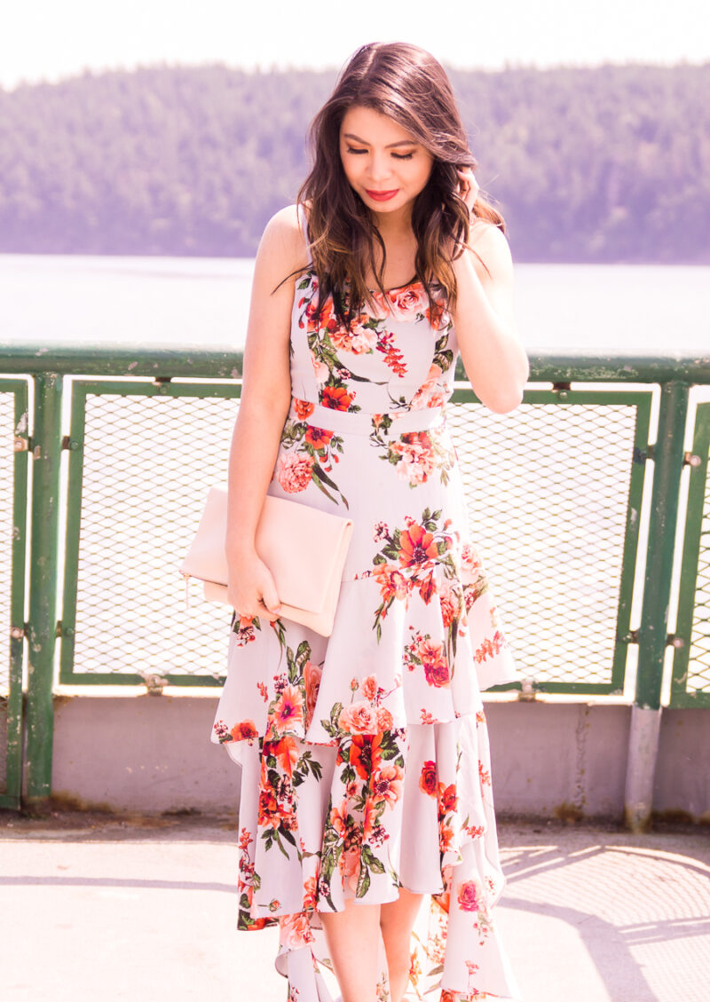 Floral print tiered dress, wedding guest outfit, San Juan Islands wedding at Roche Harbor Resort, ferry ride, Seattle fashion blogger