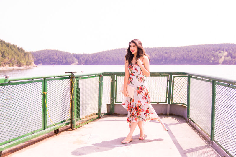 Floral print tiered dress, wedding guest outfit, San Juan Islands wedding at Roche Harbor Resort, ferry ride, Seattle fashion blogger