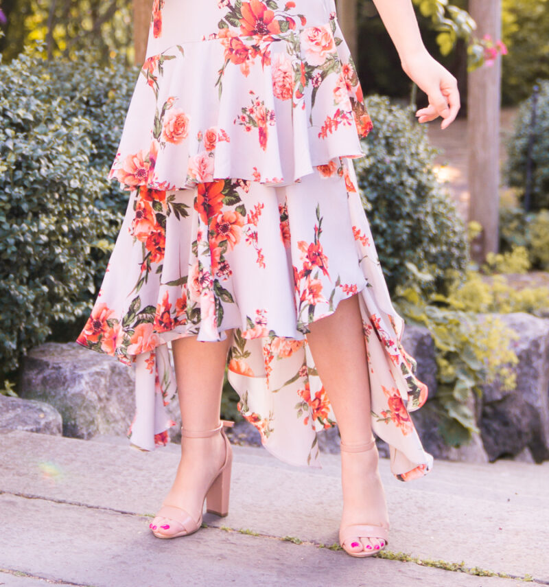 Floral print tiered dress, wedding guest outfit, San Juan Islands wedding at Roche Harbor Resort, sunset, Seattle fashion blogger