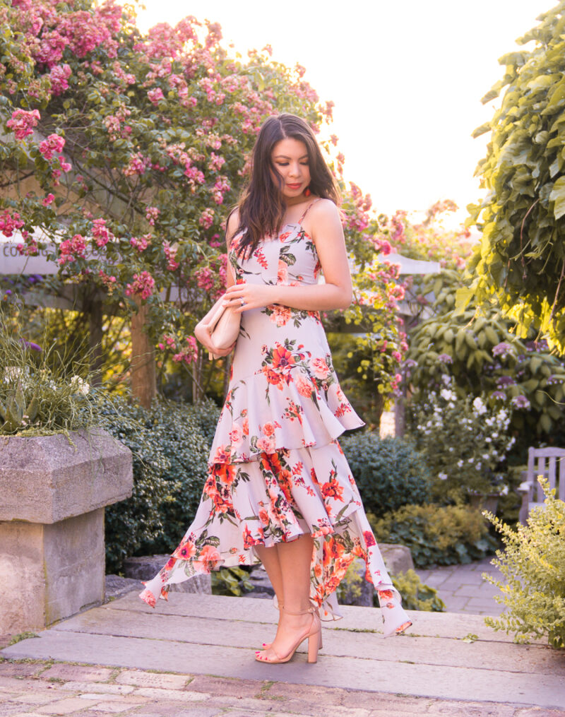 Floral print tiered dress, wedding guest outfit, San Juan Islands wedding at Roche Harbor Resort, sunset, Seattle fashion blogger