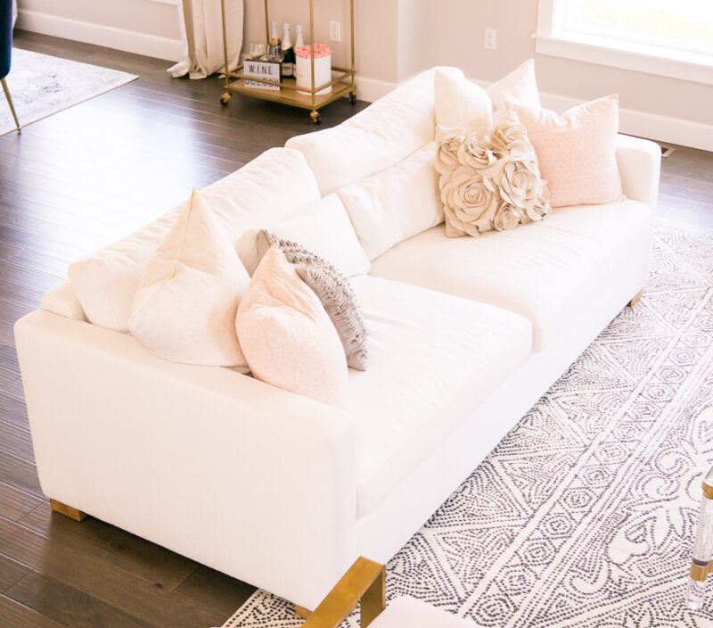 Interior Define review, Charly sofa, customize couch, white couch, modern glam living room with pink, blush, and gold accents, Seattle home interior design, home decor blogger