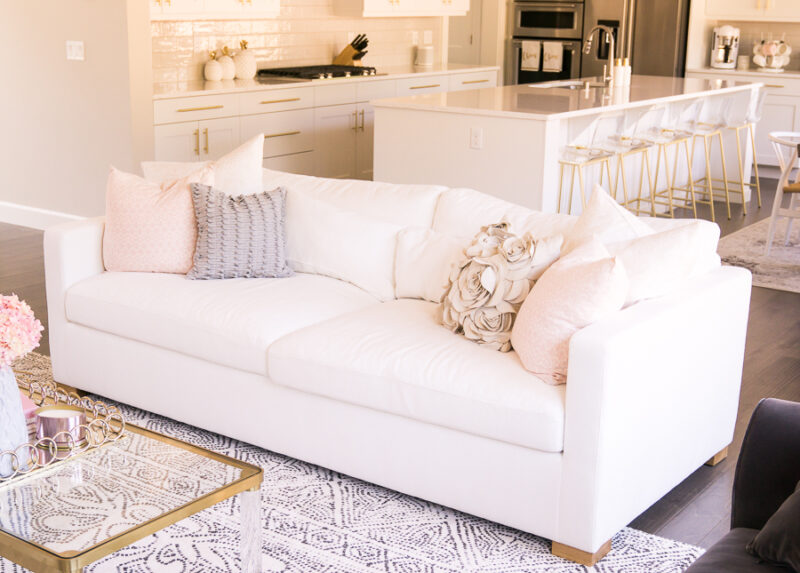 Interior Define review, Charly sofa, customize couch, white couch, modern glam living room with pink, blush, and gold accents, Seattle home interior design, home decor blogger