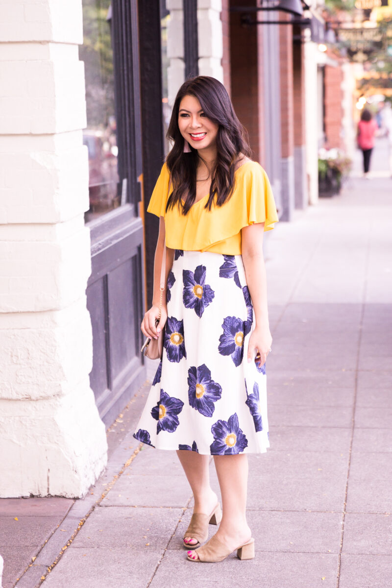 Floral midi skirt, yellow ruffle top, mules, summer outfit, Seattle fashion blogger