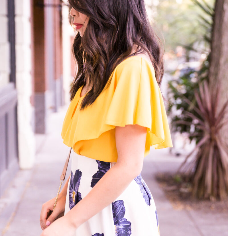 Floral midi skirt, yellow ruffle top, mules, summer outfit, Seattle fashion blogger