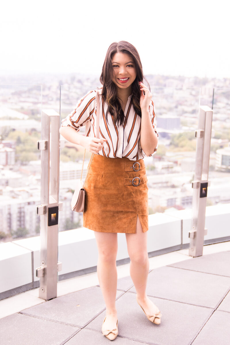 Just A Tina Bit Seattle fashion blogger wears BLANKNYC double buckle suede skirt, All In Favor front drape blouse, and bow flats, fall fashion, Seattle fashion blog