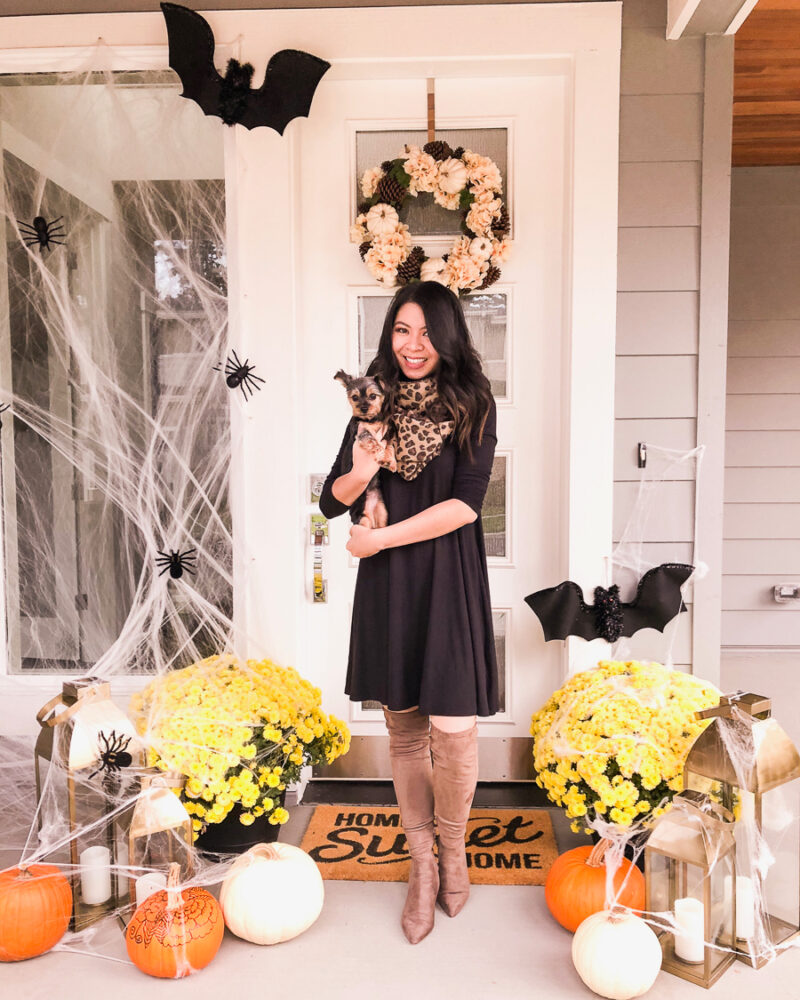 Halloween decor, Halloween front porch, Spider web, spiders, bats are from the Dollar Store, Just A Tina Bit Seattle fashion blogger is wearing a leopard infinity scarf, Old Navy dress, and over the knee boots