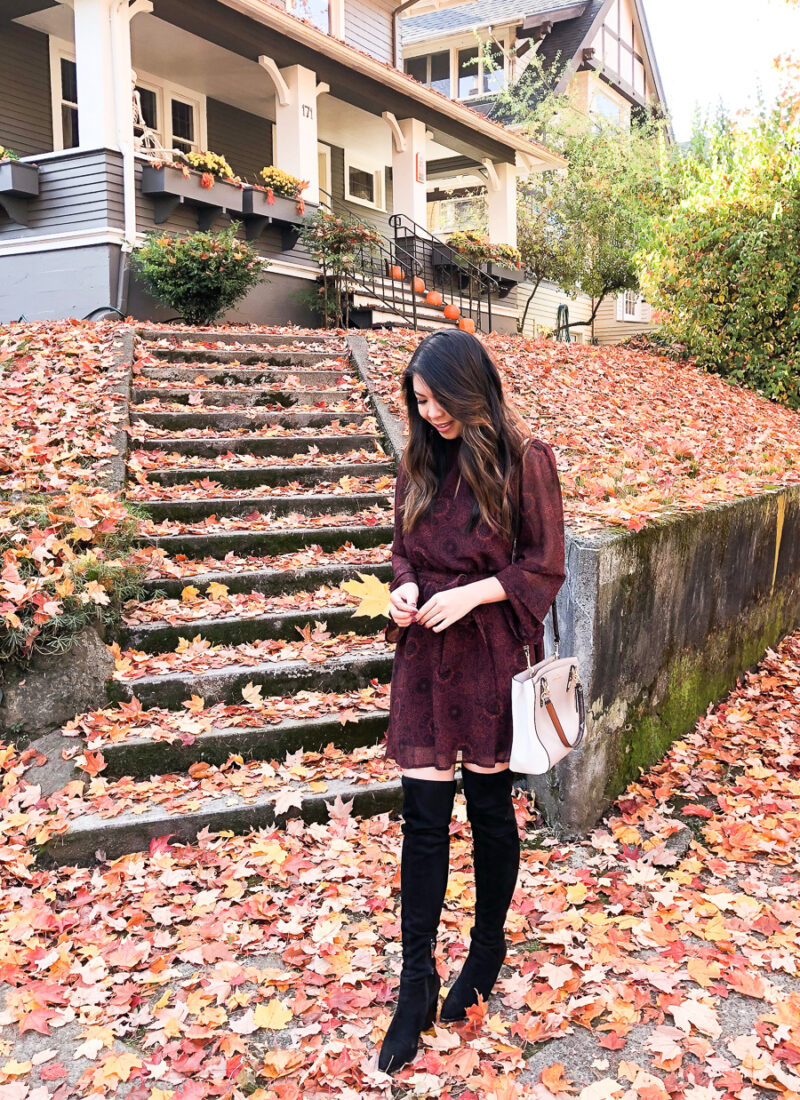 Queen Anne Seattle fall foliage, cute fall front porch, over the knee boots, Seattle fashion blogger