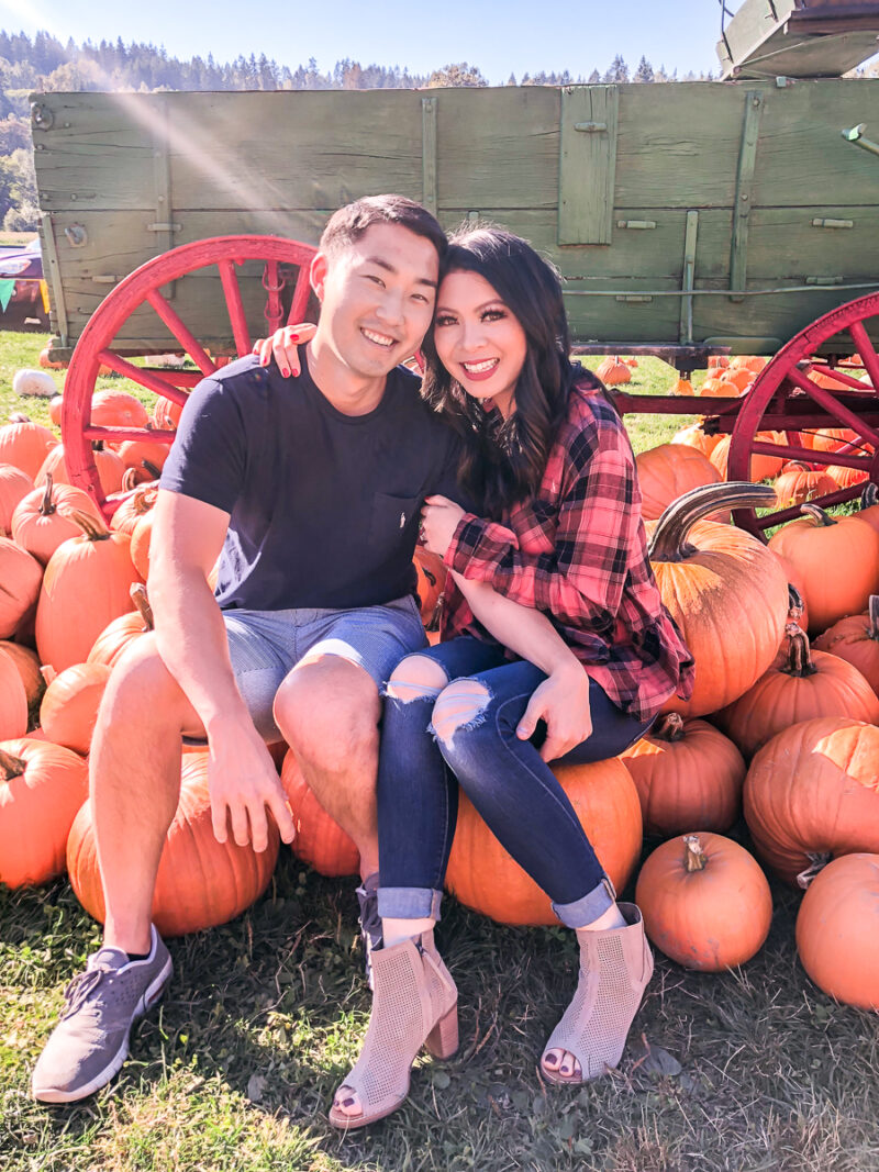 What to wear to the pumpkin patch, pumpkin patch outfit, red plaid peplum top, ripped jeans, open toe booties, couple's photo, fall outfit, fall fashion, Bobs Corn Maze, Seattle fashion blog Just A Tina Bit