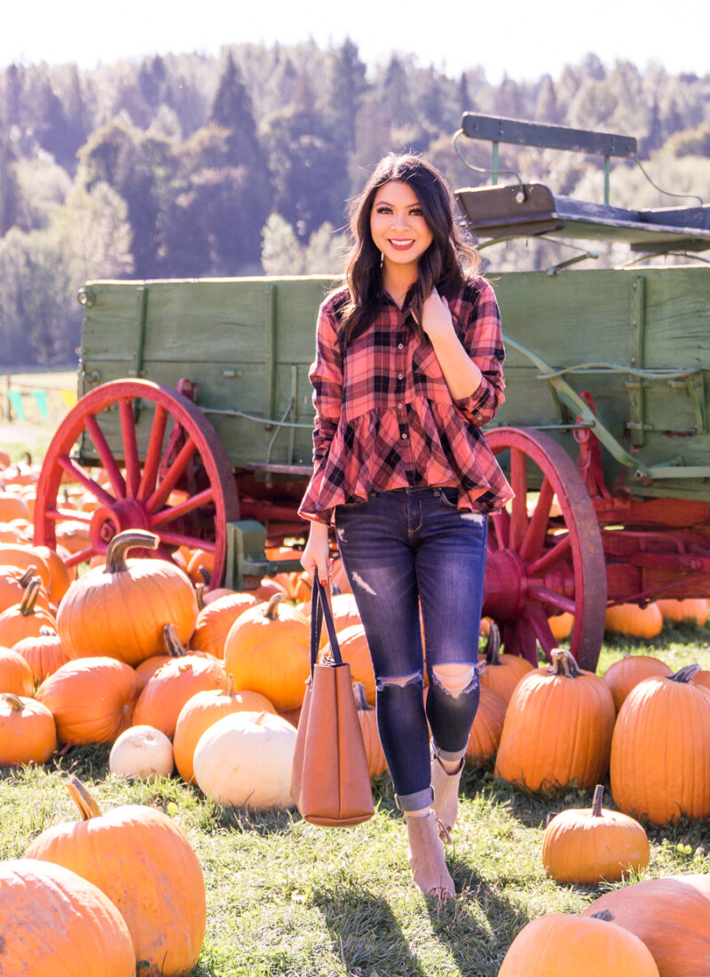 What to wear to the pumpkin patch, pumpkin patch outfit, red plaid peplum top, ripped jeans, open toe booties, fall outfit, fall fashion, Bobs Corn Maze, Seattle fashion blog Just A Tina Bit