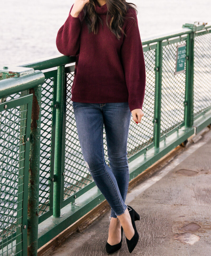 Burgundy turtleneck sweater, cheetah or leopard clutch, simple fall outfit, Seattle fashion blog, San Juan Islands Friday Harbor