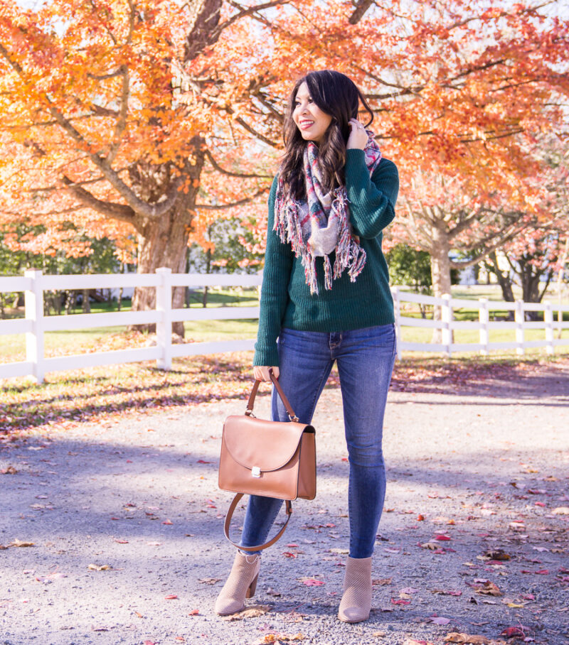 Just A Tina Bit blogger wearing Free People bandana scarf, BP funnel neck sweater, Steve Madden booties, and Cuyana top handle bag, casual fall outfit, San Juan Islands Friday Harbor, fall foliage with white fence