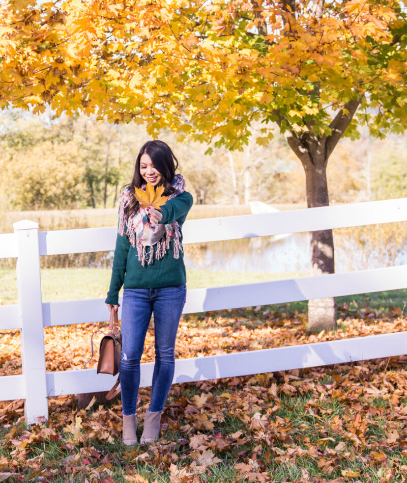 Just A Tina Bit blogger wearing Free People bandana scarf, BP funnel neck sweater, Steve Madden booties, and Cuyana top handle bag, casual fall outfit, San Juan Islands Friday Harbor, fall foliage with white fence